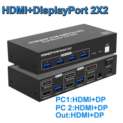 2X2 KVM Switch Dual Monitor 4k 60Hz HDMI 2.0 KVM Switch Extended Display HDMI DisplayPort USB 3.0 KVM Switch 2 in 2 out for PC