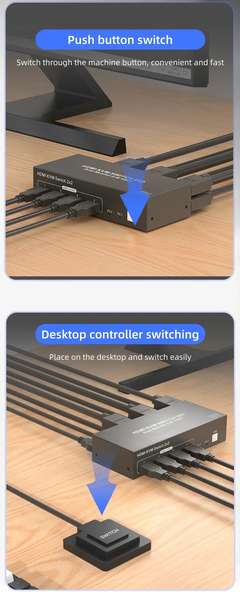 2X2 KVM Switch Dual Monitor 4k 60Hz HDMI 2.0 KVM Switch Extended Display HDMI DisplayPort USB 3.0 KVM Switch 2 in 2 out for PC