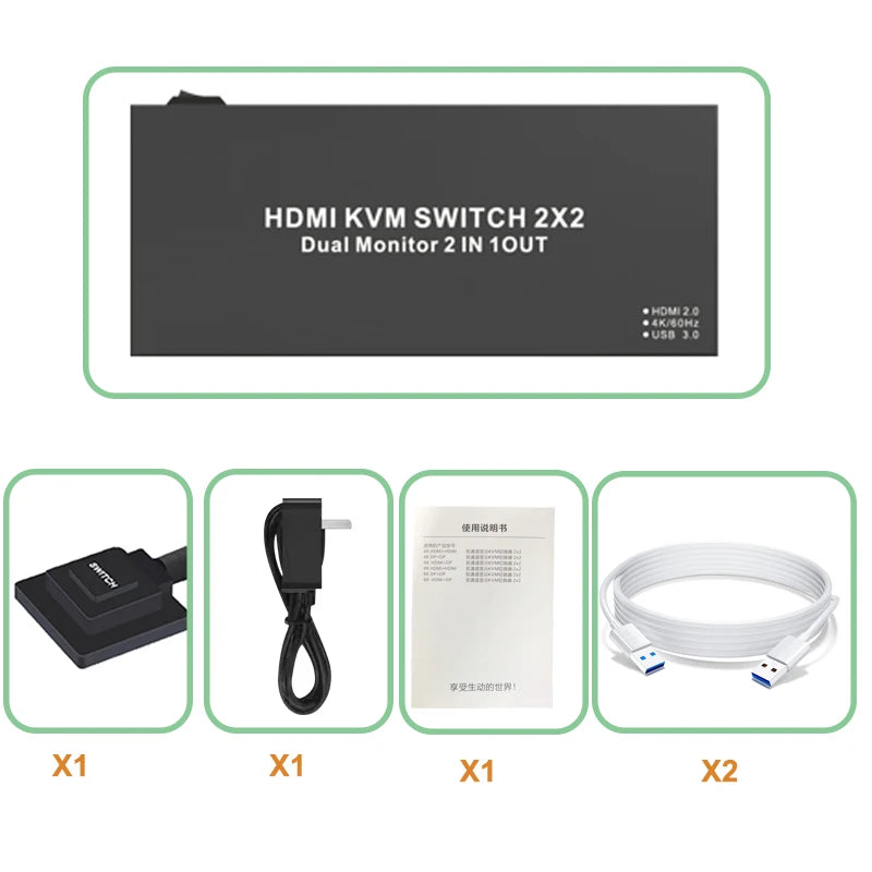 2X2 KVM Switch Dual Monitor 4k 60Hz HDMI 2.0 KVM Switch Extended Display HDMI DisplayPort USB 3.0 KVM Switch 2 in 2 out for PC